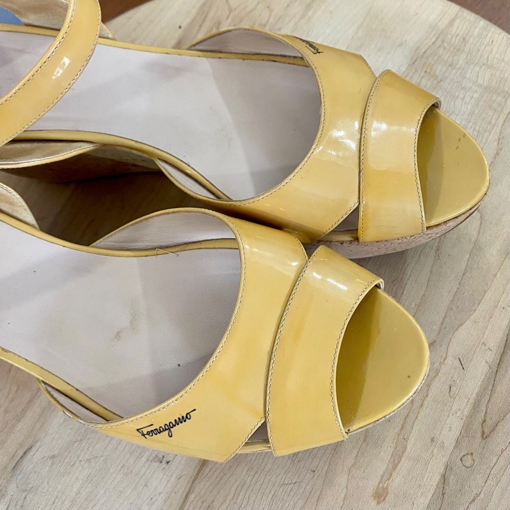 Salvatore Ferragamo Yellow Patent Leather Wedge Sandals Womens 9.5 Italy READ* - Picture 12 of 15